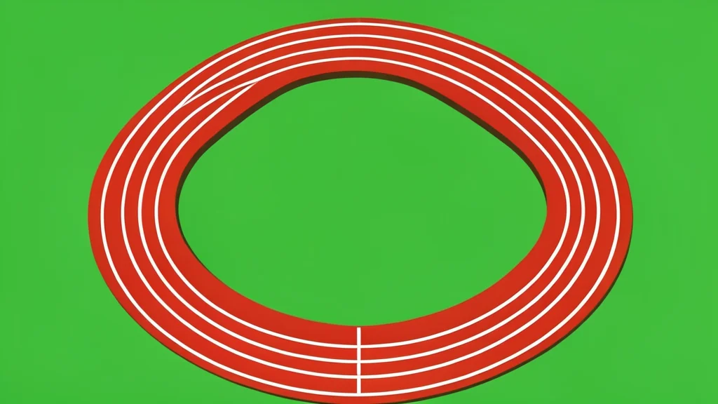 A red running track with white lane lines curving around a green infield