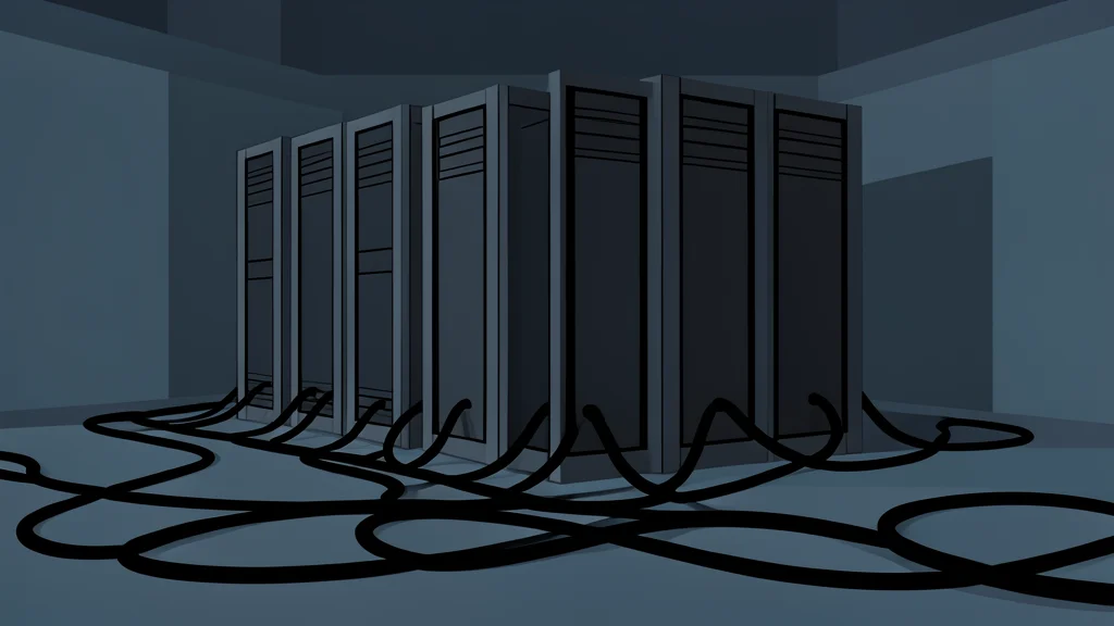 A tangle of thick black electrical cables connected to a row of industrial server racks in a dimly lit warehouse
