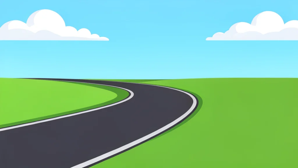 A long, curving asphalt racetrack winding through a grassy landscape under a bright sky