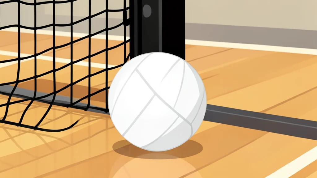 A white volleyball resting on a polished wooden gymnasium floor near a net post
