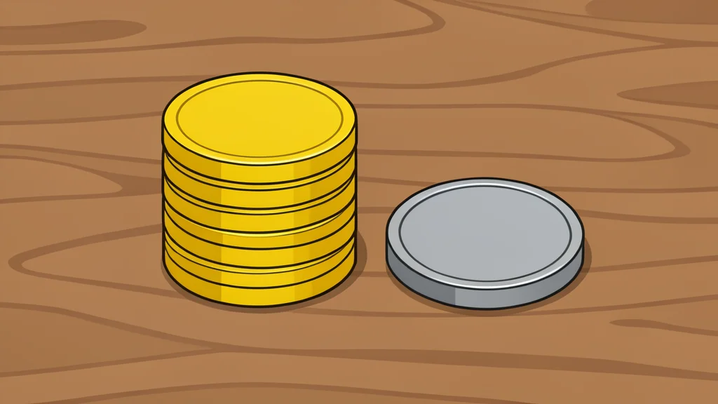 A stack of gold coins next to a silver coin on a wooden table