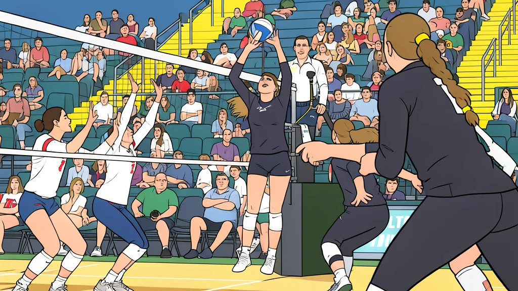 A white volleyball resting on a polished wooden gymnasium floor near the net post