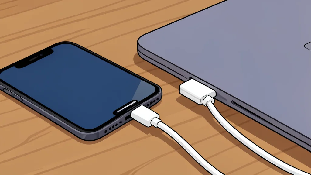 A smartphone and a laptop computer sitting side-by-side on a wooden desk, connected by a faint, glowing beam of light between their screens.