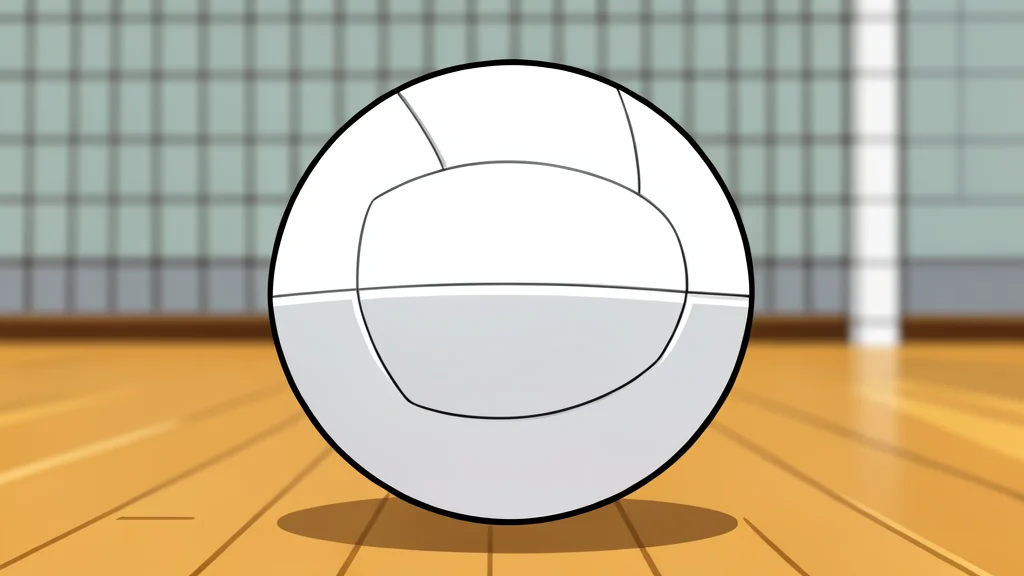 A white volleyball resting on a polished wooden gymnasium floor near a net post.