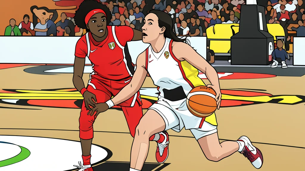 A polished hardwood basketball court with a center circle and painted key area under bright arena lights.