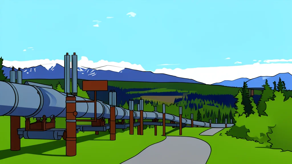 A long, metallic pipeline stretching across a rugged, mountainous landscape