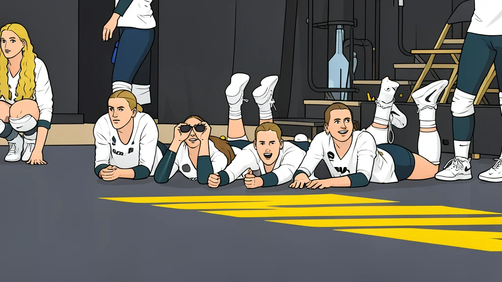 A white volleyball resting on a polished wooden gymnasium floor near a net post