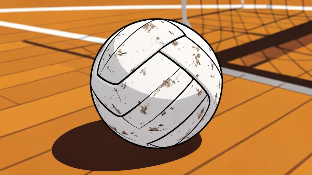 A white volleyball resting on a polished wooden gymnasium floor near a net post