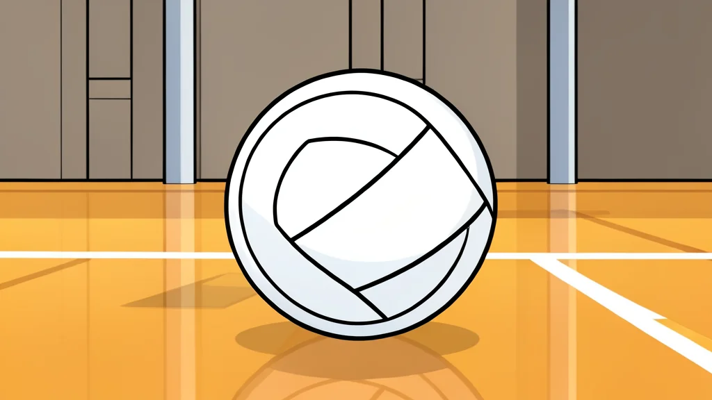 A white volleyball resting on a polished wooden gymnasium floor near a net post