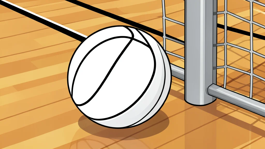 A white volleyball resting on a polished wooden gymnasium floor near a net post