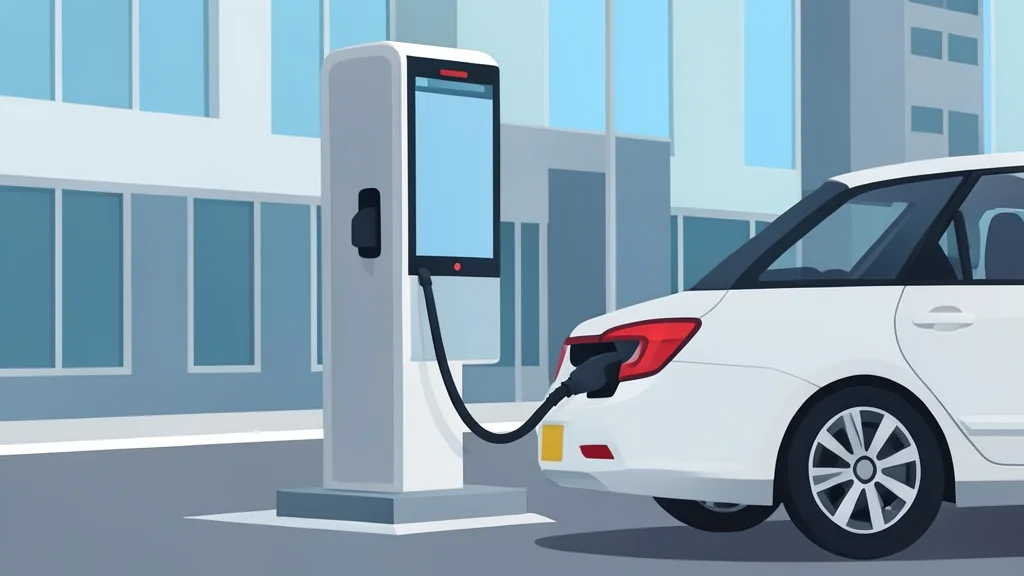 A modern electric vehicle charging station with a cable plugged into a car, set against a backdrop of a city street.