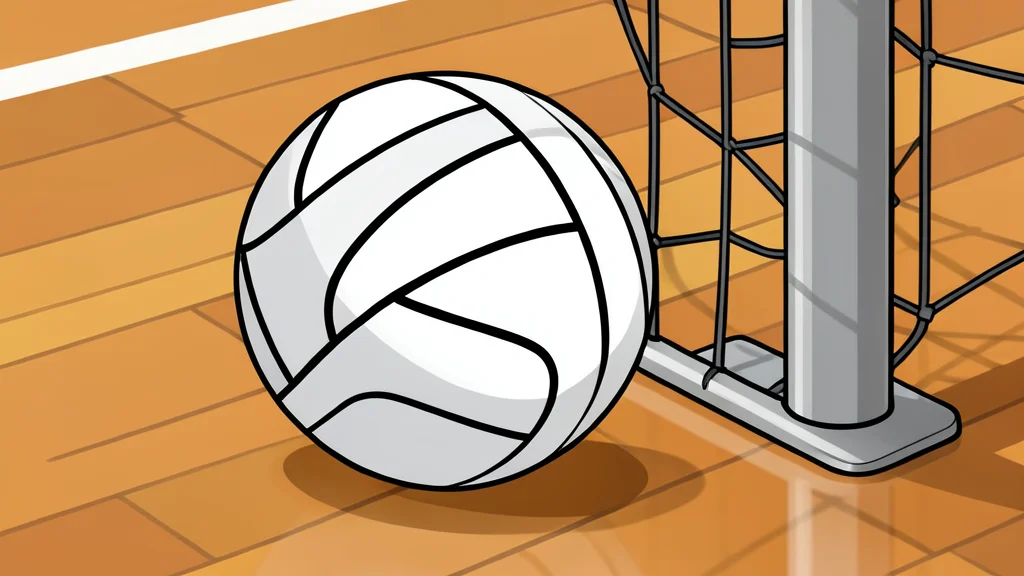 A white volleyball resting on a polished wooden gymnasium floor near a net post