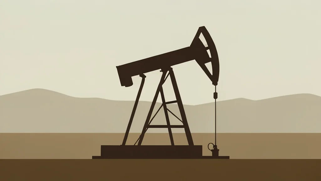 A silhouette of a crude oil pumpjack against a hazy horizon