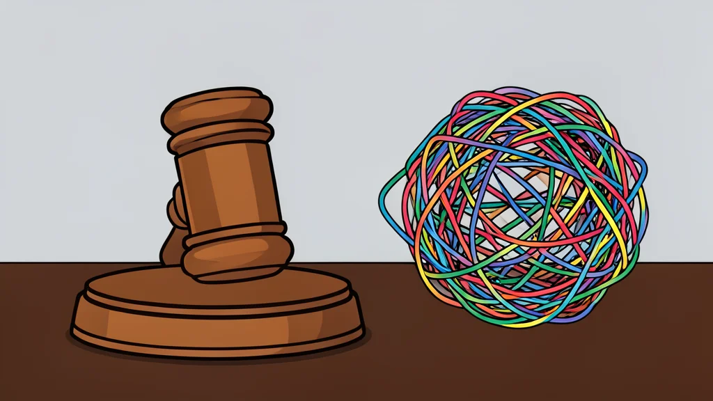 A wooden gavel rests on a desk next to a tangled ball of fiber optic cables, symbolizing the conflict between legal regulation and rapid technological complexity.