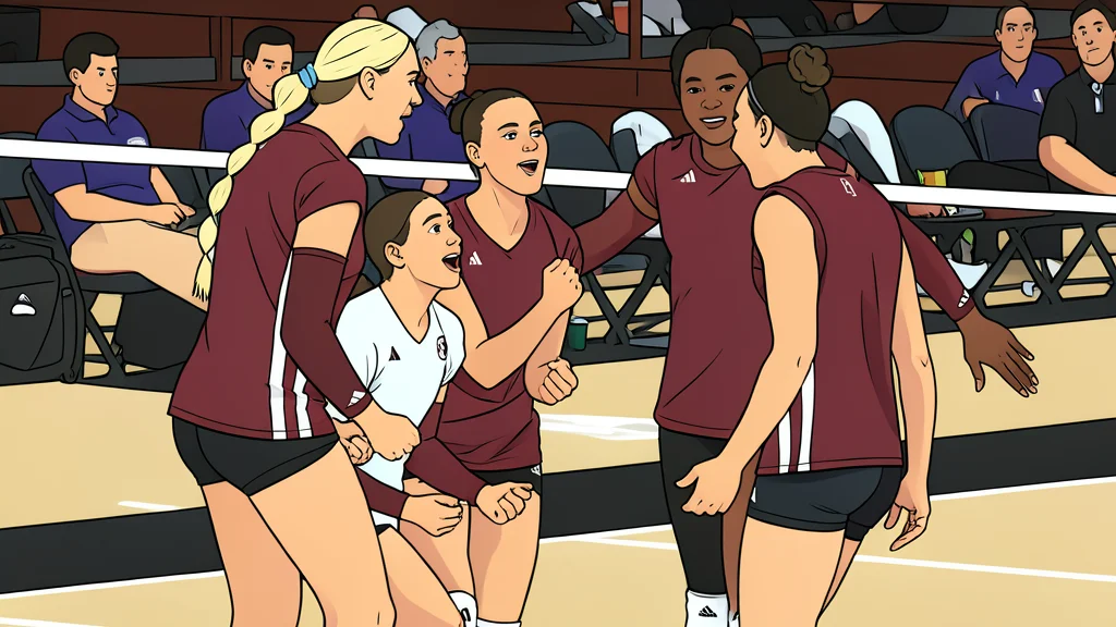 A white volleyball resting on a polished wooden gymnasium floor near a net post