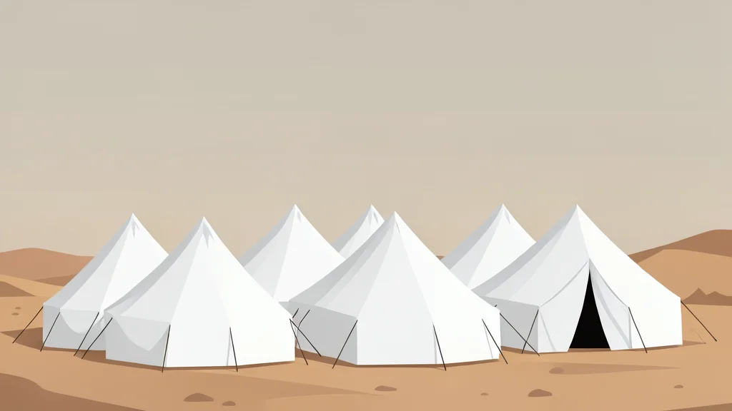 A cluster of white tents in a dusty, arid landscape under a hazy sky