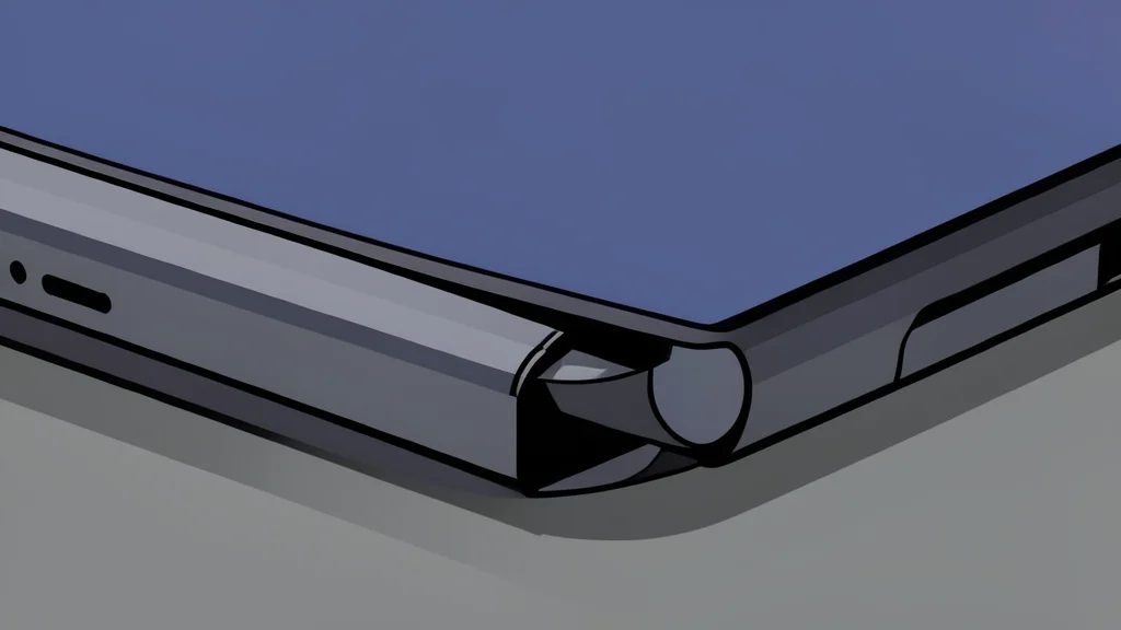 A sleek, rectangular smartphone with a flexible screen folded in half, resting on a smooth surface
