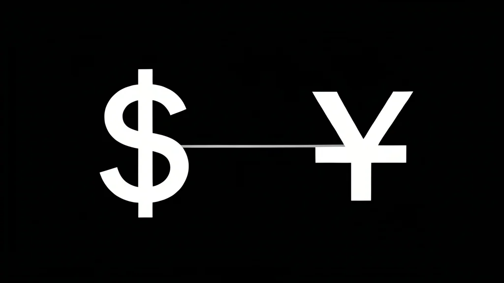 Two distinct currency symbols floating in a void, one resembling a dollar sign and the other a yen sign, separated by a thin, taut wire connecting them.