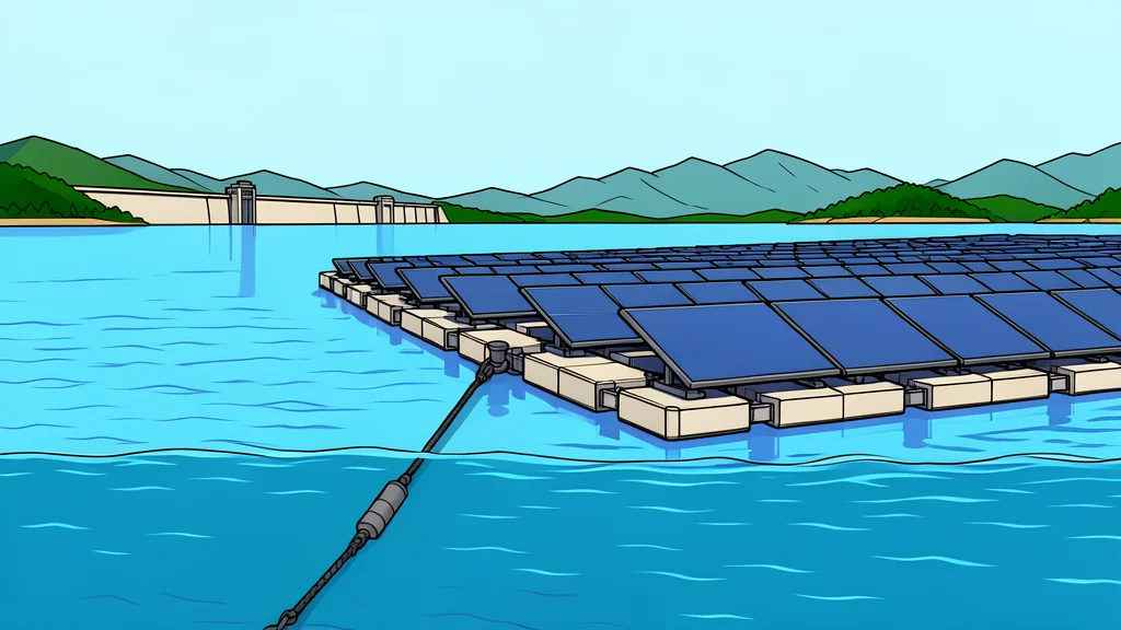 A large array of dark blue photovoltaic panels floating on the surface of a calm reservoir.