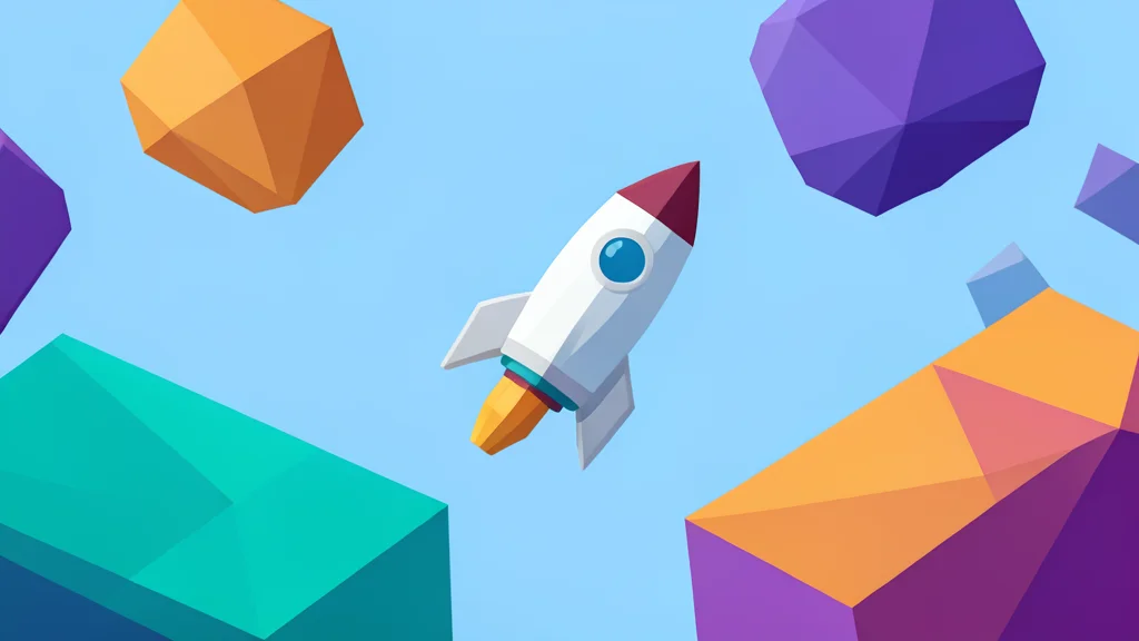 A low-poly floating platform with a small rocket ship hovering above it amidst colorful geometric shapes.