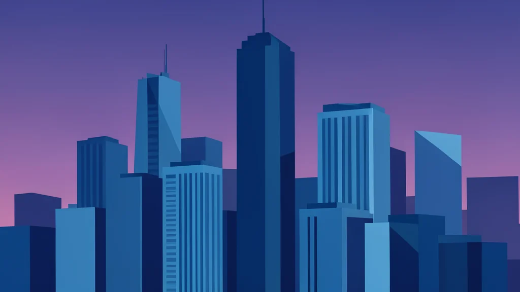 A cluster of modern skyscrapers in a city skyline at dusk