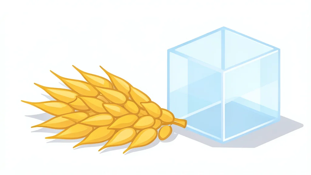A pile of golden wheat grains next to a digital blockchain cube