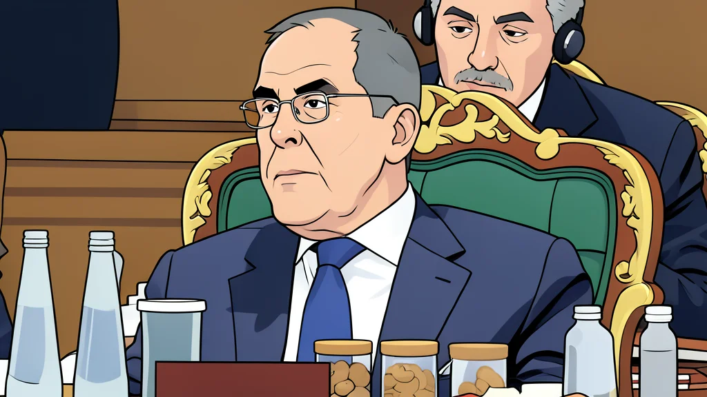A diplomatic round table with two empty chairs and a microphone in the center