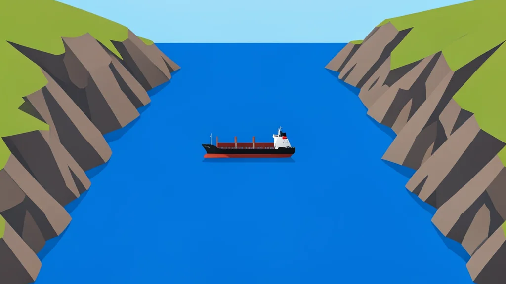 A wide, deep blue strait with a single cargo ship navigating through the water between two rocky coastlines