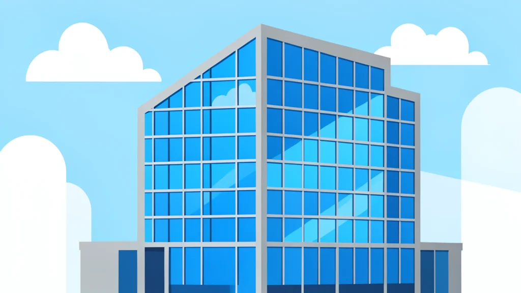 A modern glass office building with a grid of windows reflecting the sky