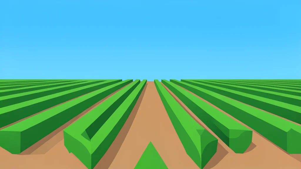 A modern agricultural field with rows of crops under a clear sky