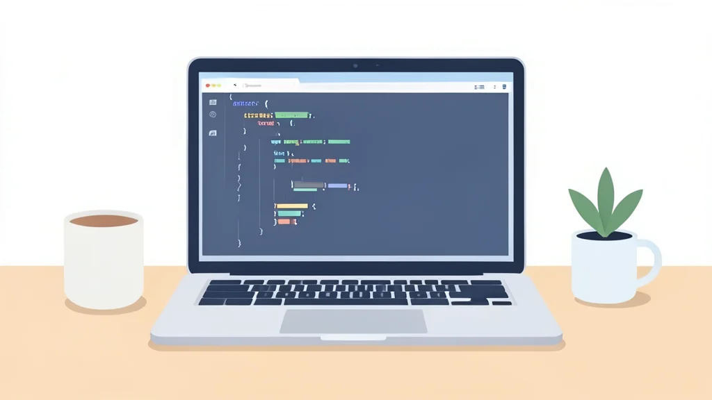 A minimalist desk setup with a laptop displaying a clean code editor interface