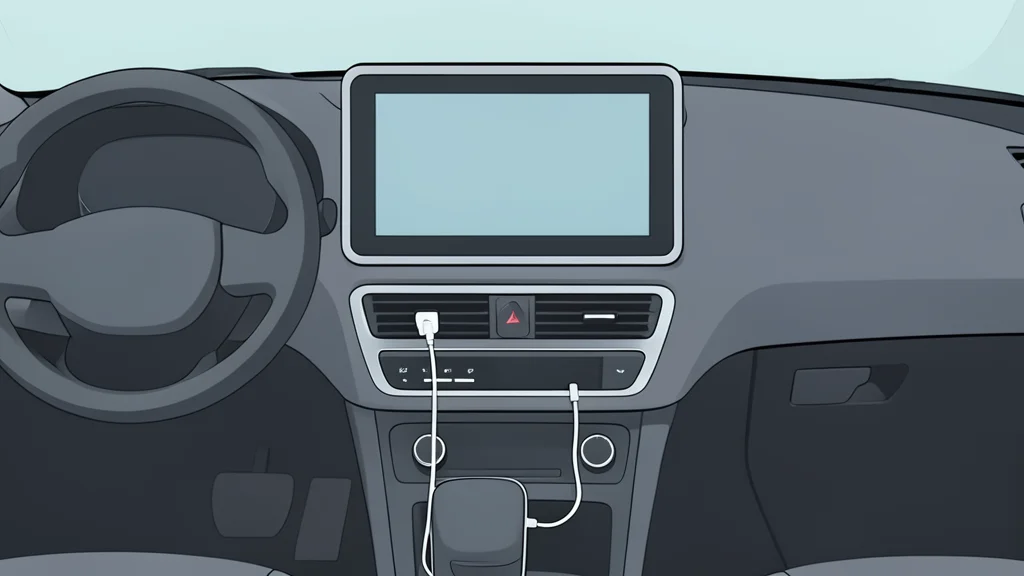 A car dashboard with a central touchscreen display and a smartphone connected by a cable