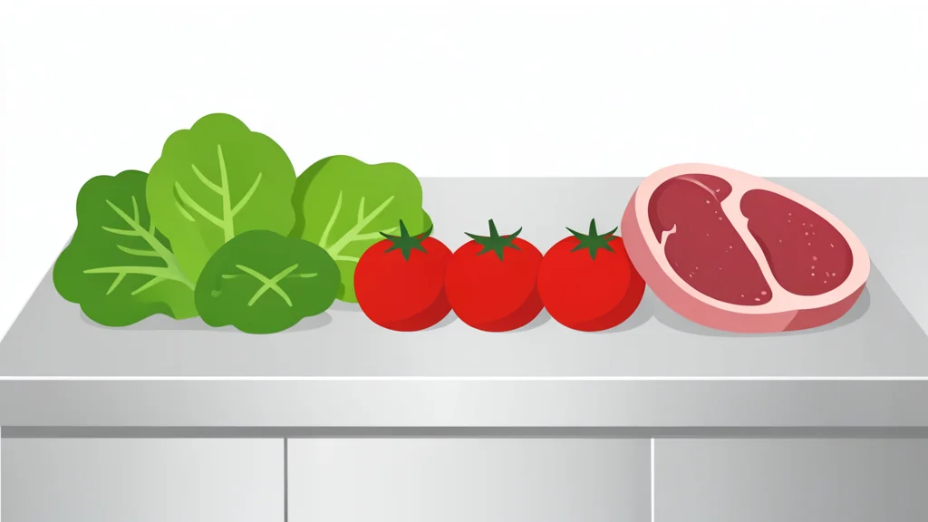 A stainless steel counter with fresh vegetables and raw meat ingredients arranged neatly