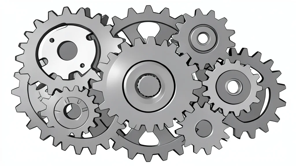 A complex mechanical gear system with interlocking cogs and a central core, rendered in metallic grey tones
