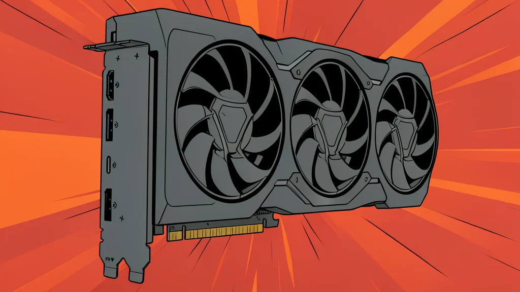 A high-performance graphics card with a large cooling fan and metal heatsink fins resting on a wooden desk