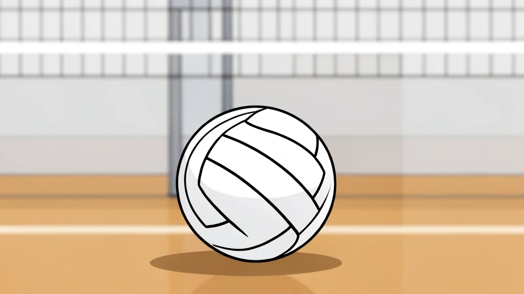 A white volleyball resting on a polished wooden gymnasium floor near a net post