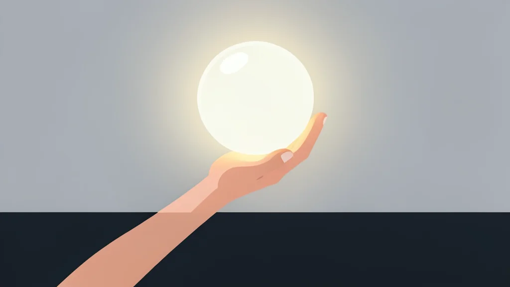 A single human hand holding a glowing, translucent sphere of light above a dark, empty table