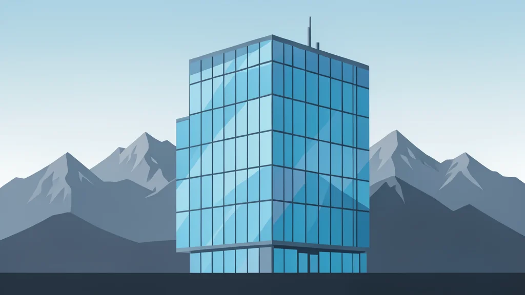 A modern glass office building reflecting a distant mountain range under a clear sky