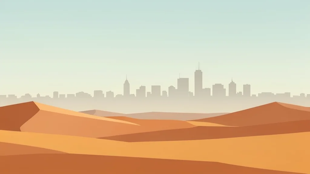 A view of the desert landscape with a distant city skyline under a hazy sky