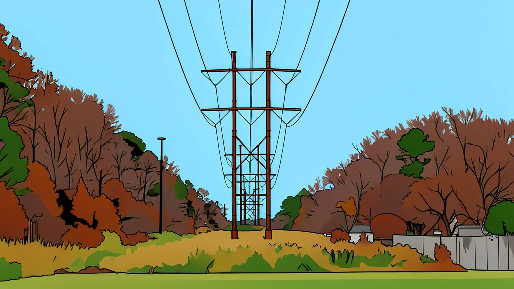 A high-voltage transmission tower standing in a field of green grass under a clear blue sky.