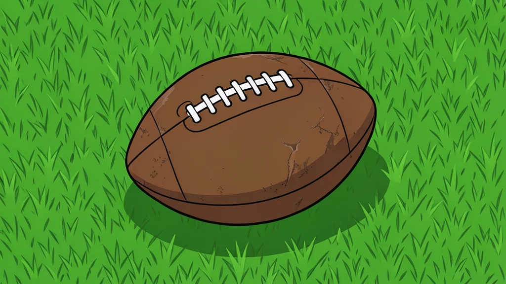 A worn leather football resting on green artificial turf