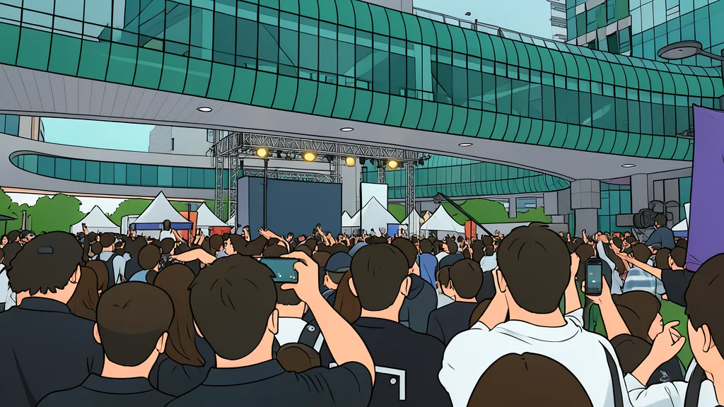 A large outdoor plaza with a stage and colorful decorations