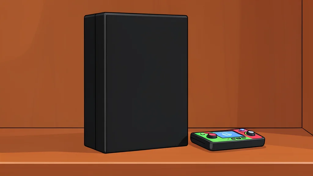 A colorful handheld game console rests on a wooden table beside a stack of physical game cartridges.
