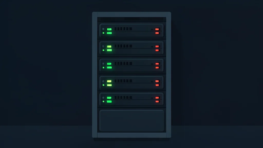 A dark server room with a single rack featuring blinking green and red status lights.
