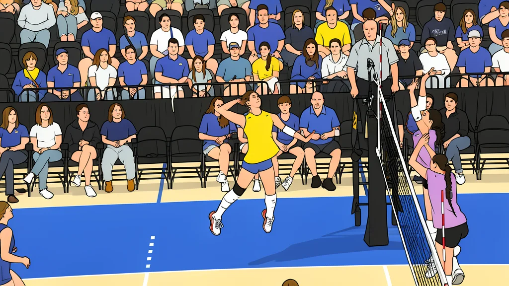 A white volleyball resting on a polished wooden gymnasium floor near a net post