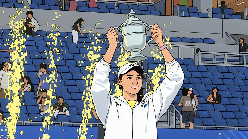 A golden tennis trophy resting on a blue court surface