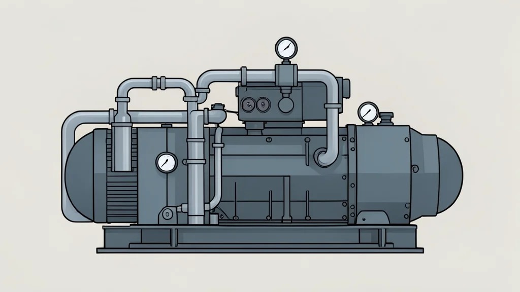 A heavy-duty industrial air compressor unit with visible piping and gauges