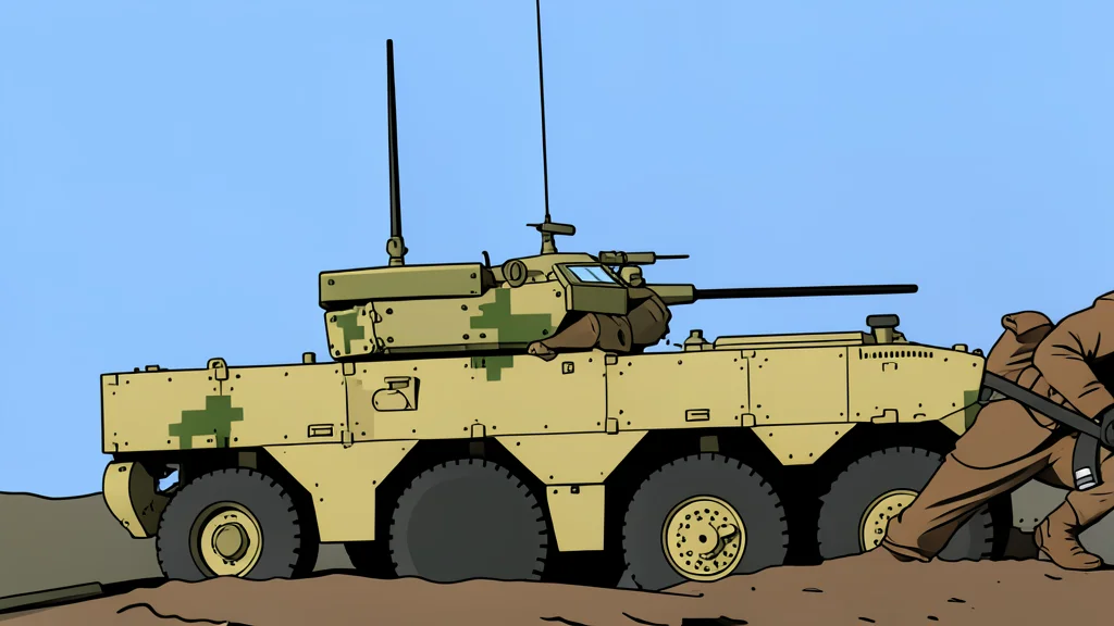 An amphibious military vehicle with a turret-mounted laser emitter and sensor array on a coastal shoreline