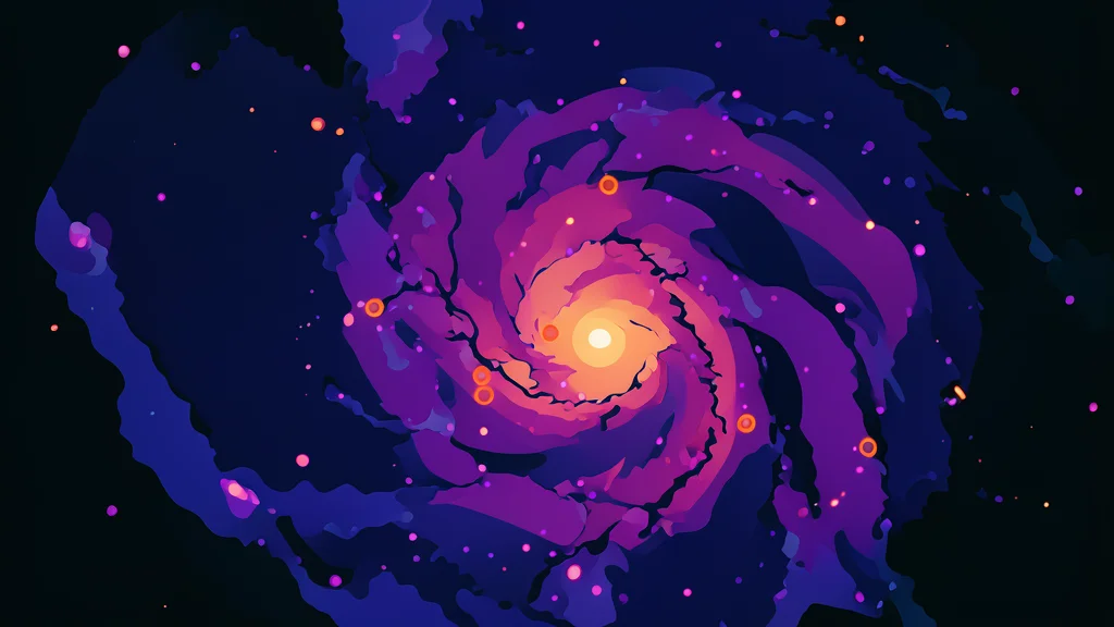 A distant spiral galaxy with faint, glowing points of light scattered across its arms