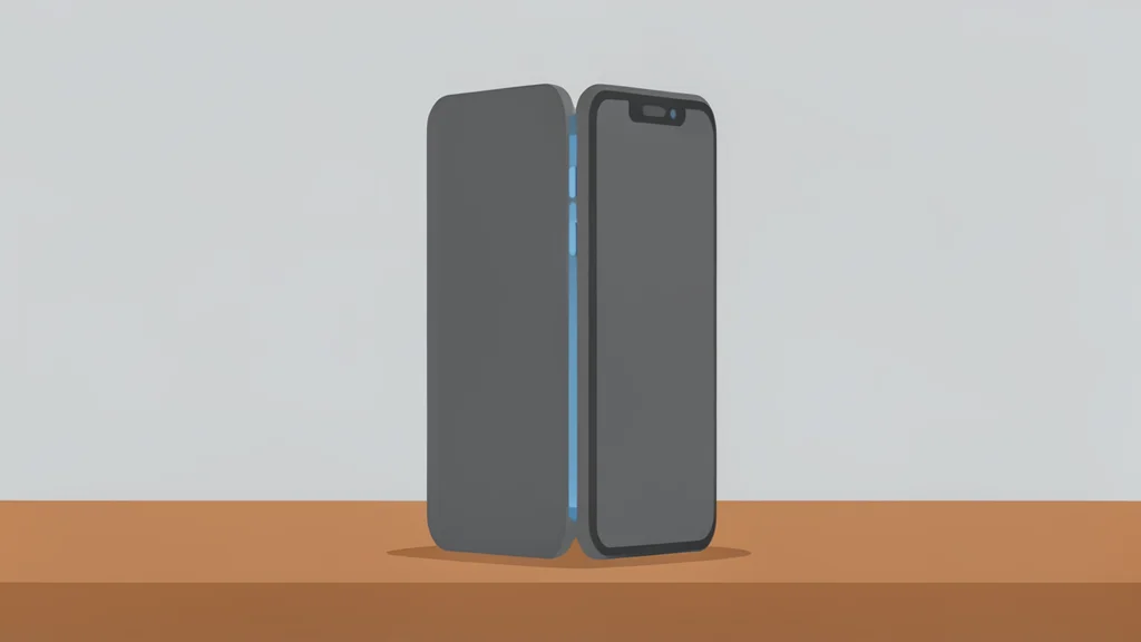 A folded smartphone with a flexible screen standing upright on a wooden table